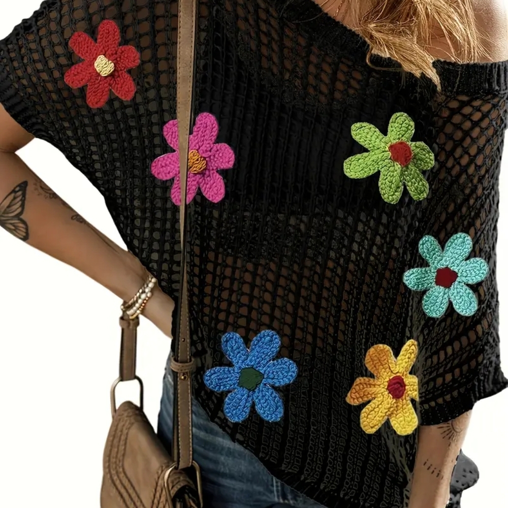 Floral Crochet Black Sweater